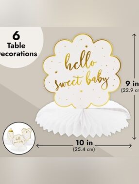 Hello Sweet Baby White & Gold Table Centerpiece Decorations - 6 Pack